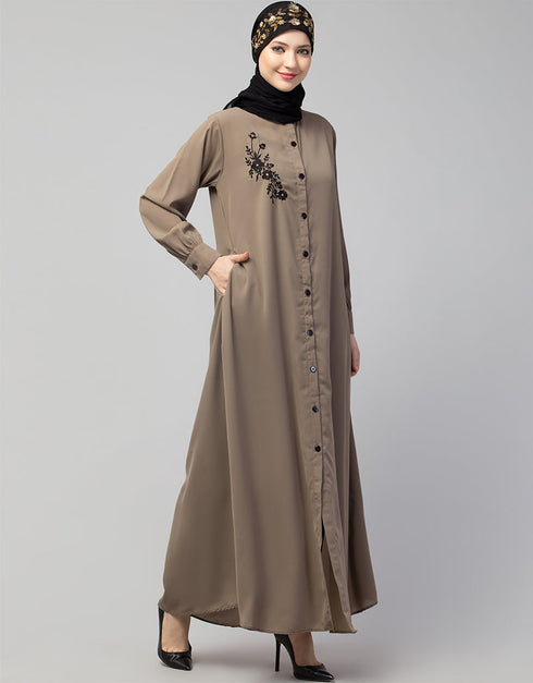 Trendy Front Open with Black Embroidery Casual Abaya In The Color Khaki