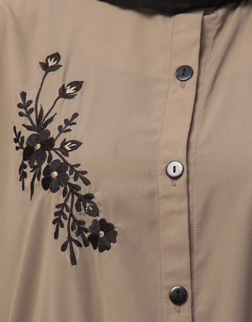 Trendy Front Open with Black Embroidery Casual Abaya In The Color Khaki
