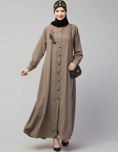 Trendy Front Open with Black Embroidery Casual Abaya In The Color Khaki