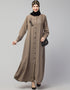 Trendy Front Open with Black Embroidery Casual Abaya In The Color Khaki