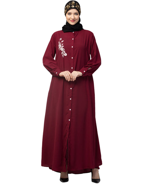 Modern Front Open with Silver Embroidery Color Casual Abaya in the Shade Of Maroon