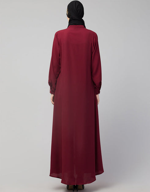 Modern Front Open with Silver Embroidery Color Casual Abaya in the Shade Of Maroon