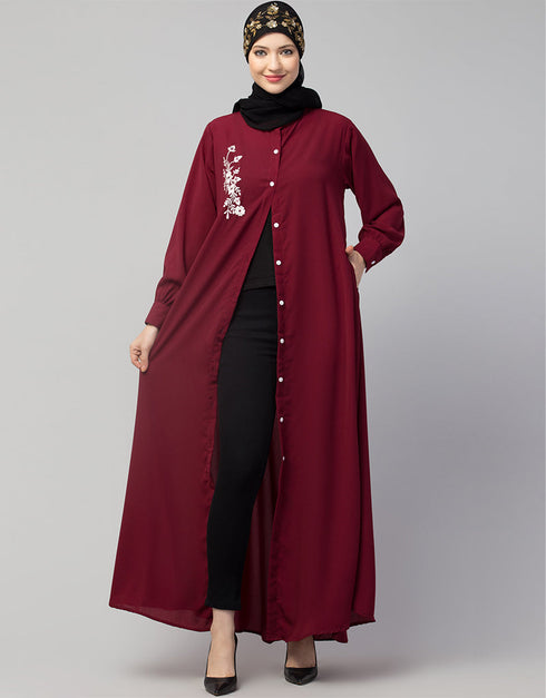 Modern Front Open with Silver Embroidery Color Casual Abaya in the Shade Of Maroon
