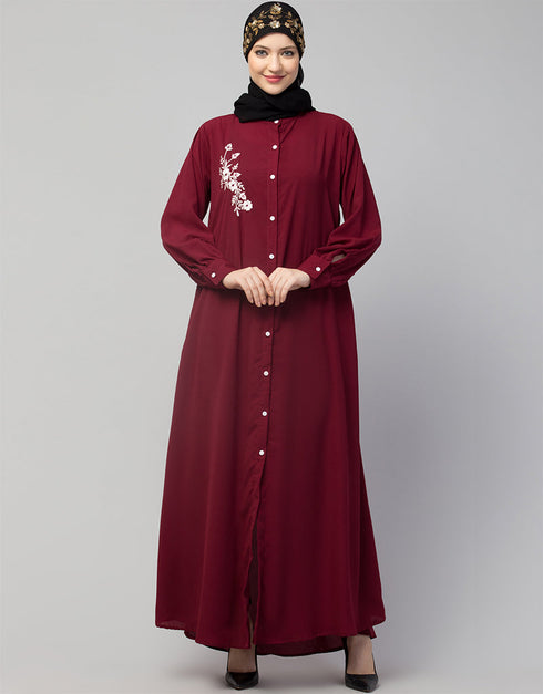 Modern Front Open with Silver Embroidery Color Casual Abaya in the Shade Of Maroon