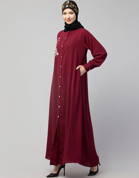 Modern Front Open with Silver Embroidery Color Casual Abaya in the Shade Of Maroon