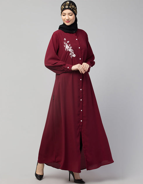 Modern Front Open with Silver Embroidery Color Casual Abaya in the Shade Of Maroon