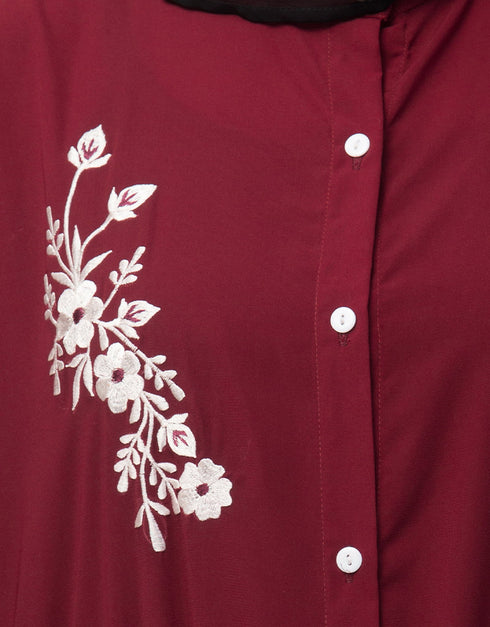 Modern Front Open with Silver Embroidery Color Casual Abaya in the Shade Of Maroon