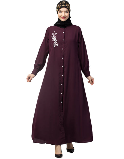 Dubai Front Open with Silver Flower Embroidery Casual Abaya In The Color Wine