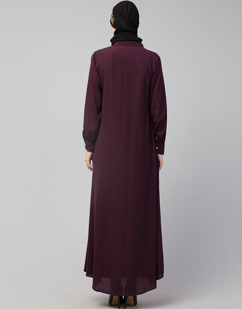 Dubai Front Open with Silver Flower Embroidery Casual Abaya In The Color Wine