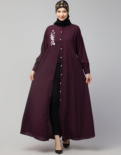 Dubai Front Open with Silver Flower Embroidery Casual Abaya In The Color Wine