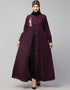 Dubai Front Open with Silver Flower Embroidery Casual Abaya In The Color Wine
