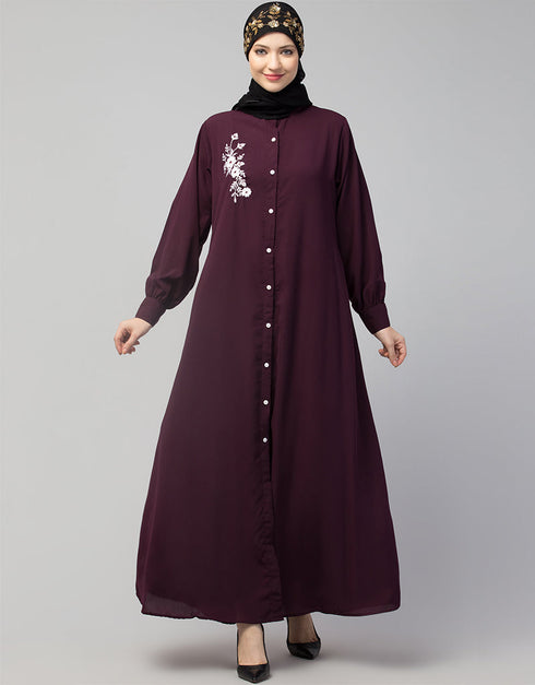 Dubai Front Open with Silver Flower Embroidery Casual Abaya In The Color Wine