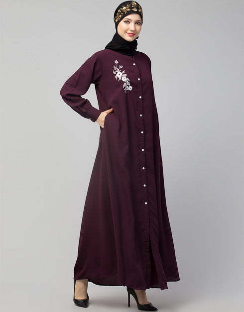 Dubai Front Open with Silver Flower Embroidery Casual Abaya In The Color Wine