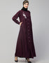 Dubai Front Open with Silver Flower Embroidery Casual Abaya In The Color Wine