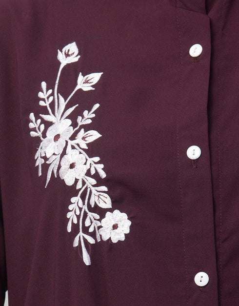 Dubai Front Open with Silver Flower Embroidery Casual Abaya In The Color Wine