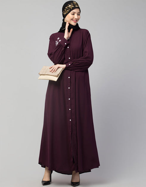Dubai Front Open with Silver Flower Embroidery Casual Abaya In The Color Wine