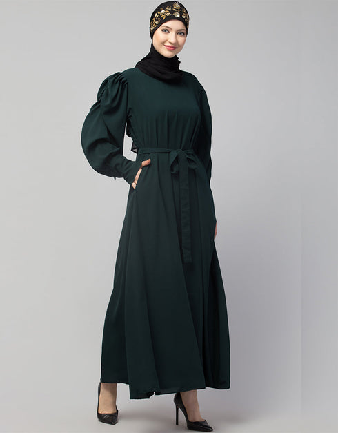 Muslim Long Cuff Gathered Puffed Sleeve with Bet A line Abaya in the Shade Of Green