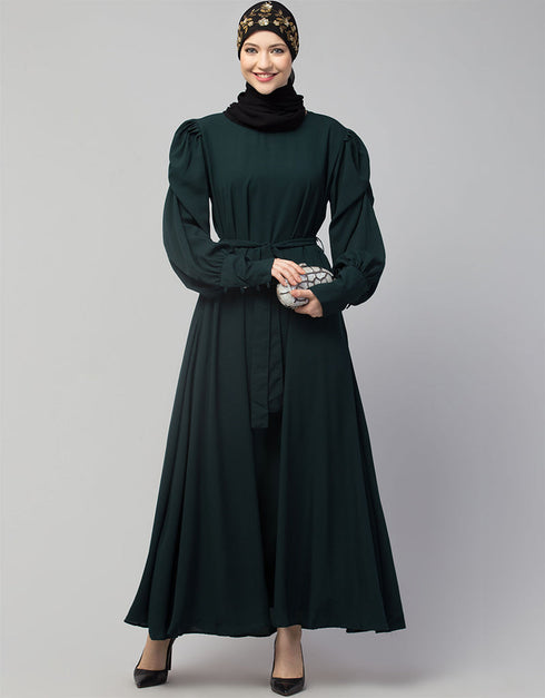 Muslim Long Cuff Gathered Puffed Sleeve with Bet A line Abaya in the Shade Of Green