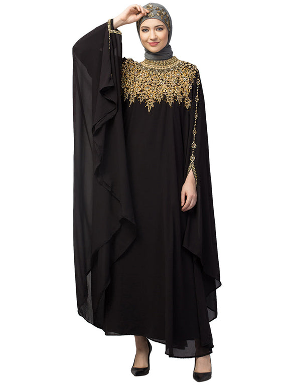 Trendy Double Layers Hand Copper Embroidered Kaftan In the Shade of Black