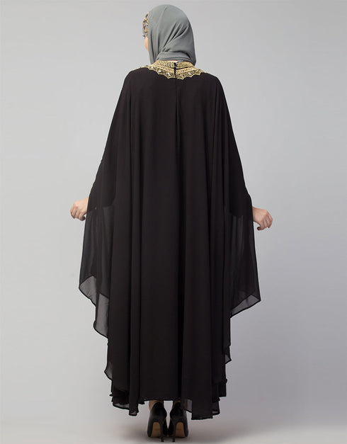 Trendy Double Layers Hand Copper Embroidered Kaftan In the Shade of Black