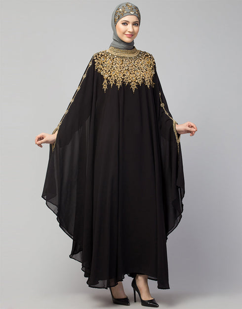 Trendy Double Layers Hand Copper Embroidered Kaftan In the Shade of Black