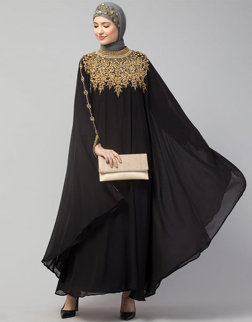 Trendy Double Layers Hand Copper Embroidered Kaftan In the Shade of Black