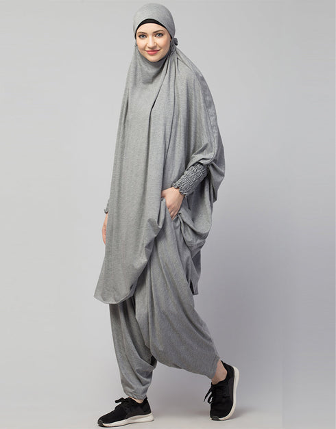 Modest Smoking At Sleeve Jersey Khimer With Harem Pant in the Shade of Grey