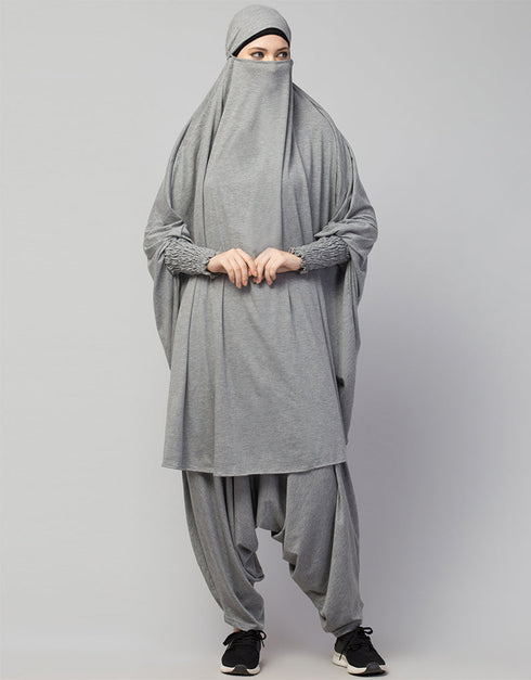 Modest Smoking At Sleeve Jersey Khimer With Harem Pant in the Shade of Grey
