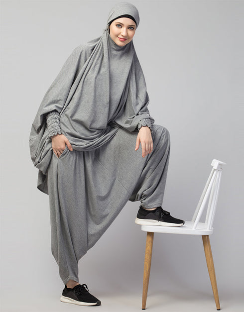 Modest Smoking At Sleeve Jersey Khimer With Harem Pant in the Shade of Grey