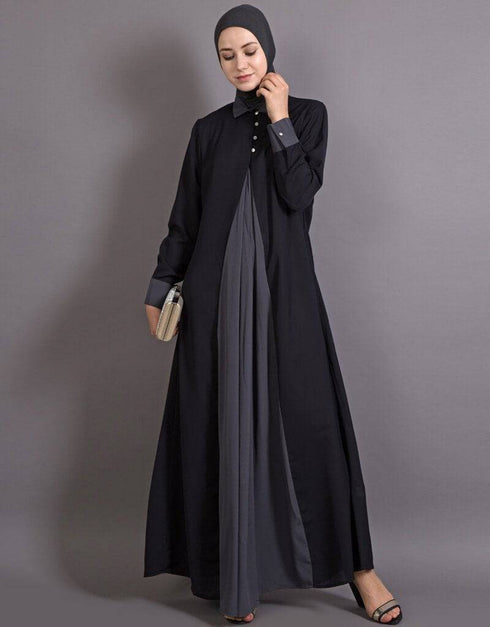 Muslim Contrast Yoke Black Grey Casual Abaya Black