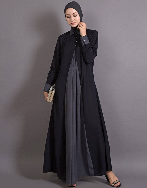 Muslim Contrast Yoke Black Grey Casual Abaya Black
