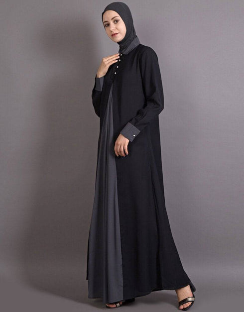 Muslim Contrast Yoke Black Grey Casual Abaya Black