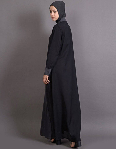 Muslim Contrast Yoke Black Grey Casual Abaya Black