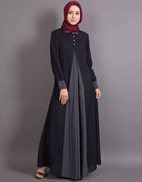 Muslim Contrast Yoke Black Grey Casual Abaya Black