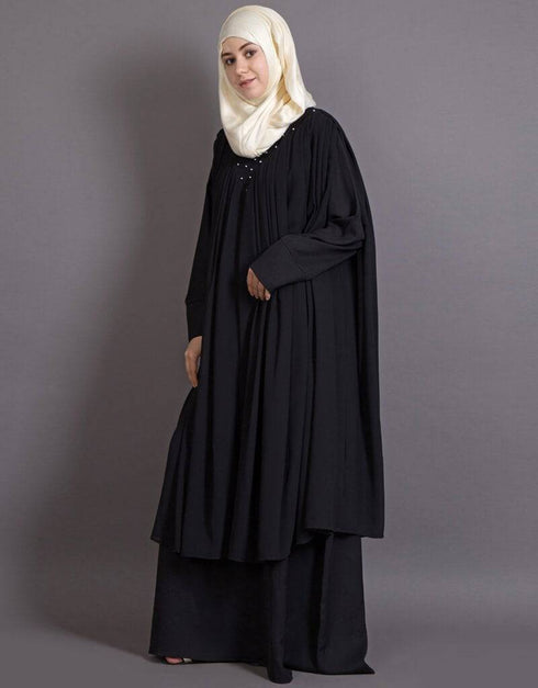 Arabic Embroidered neck band double layer Party Abaya Black