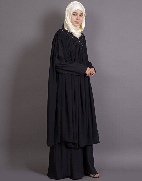 Arabic Embroidered neck band double layer Party Abaya Black
