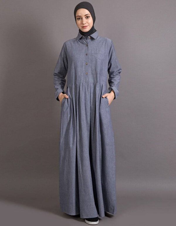 Women Shirt collar executive Abaya Blue