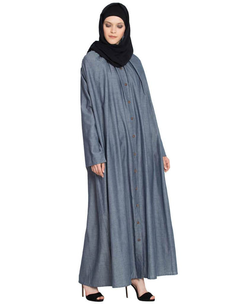 Chic Front open gather around neck Cotton Bohemian Abaya Blue