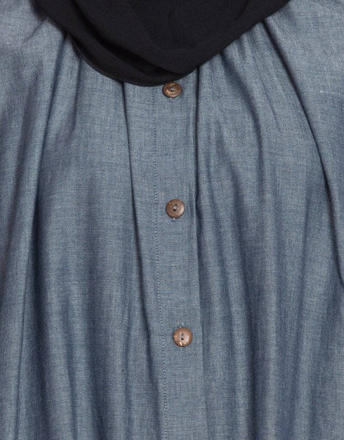 Chic Front open gather around neck Cotton Bohemian Abaya Blue