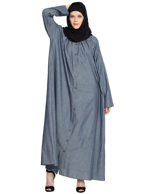 Chic Front open gather around neck Cotton Bohemian Abaya Blue