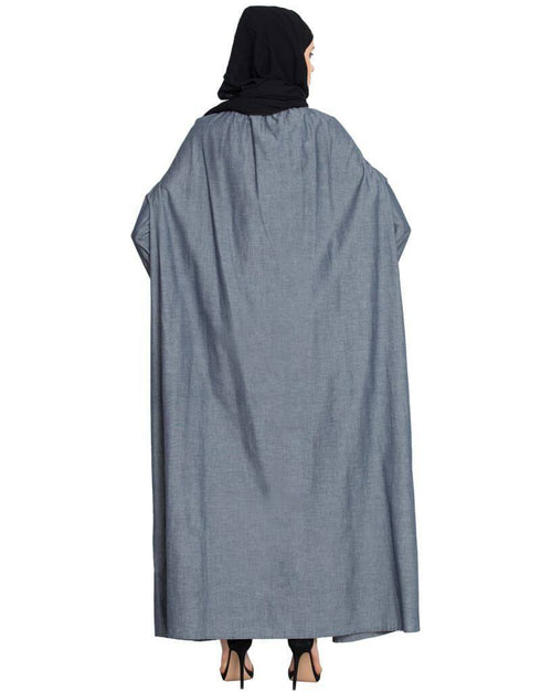 Chic Front open gather around neck Cotton Bohemian Abaya Blue