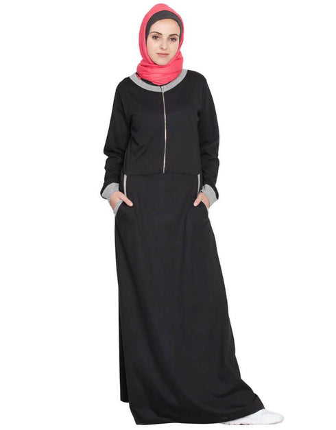 Muslim Front closer contrast band cuff Travel Abaya Black