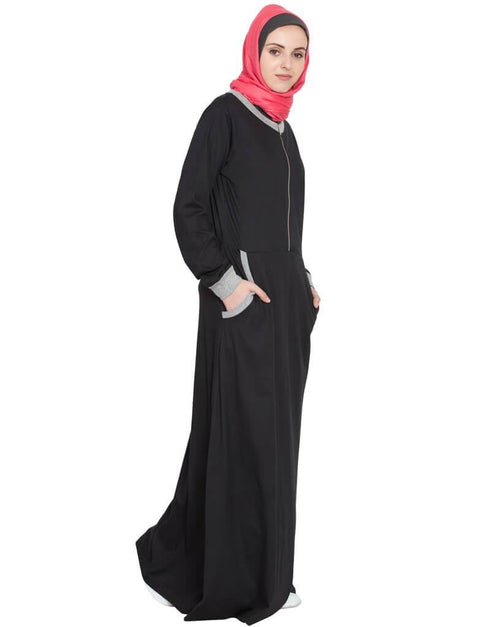 Muslim Front closer contrast band cuff Travel Abaya Black