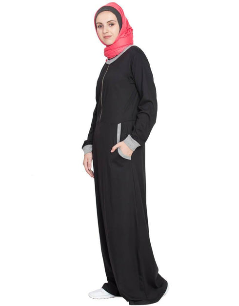 Muslim Front closer contrast band cuff Travel Abaya Black