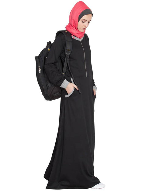 Muslim Front closer contrast band cuff Travel Abaya Black