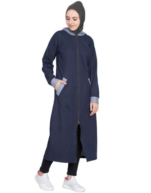 Islamic Front open with hood Jersey Sports Abaya Navy Blue