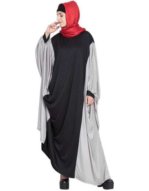 Arabic Kaftan style contrast Black Grey Irani Abaya Black