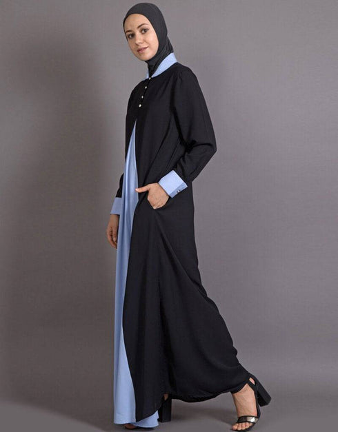 Muslimah Contrast Yoke Black and Sky Blue Casual Abaya Black