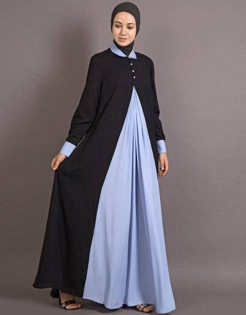 Muslimah Contrast Yoke Black and Sky Blue Casual Abaya Black