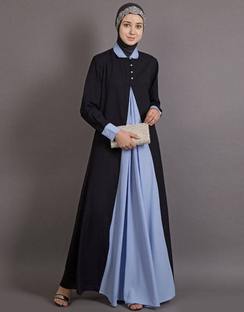 Muslimah Contrast Yoke Black and Sky Blue Casual Abaya Black